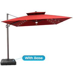11x11 ft Square Aluminum Cantilever Patio Umbrella with LED Lights & Double Top (Base Options)
