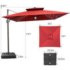 11x11 ft Square Aluminum Cantilever Patio Umbrella with LED Lights & Double Top (Base Options)