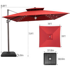 11x11 ft Square Aluminum Cantilever Patio Umbrella with LED Lights & Double Top (Base Options)
