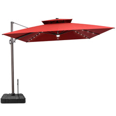 11x11 ft Square Aluminum Cantilever Patio Umbrella with LED Lights & Double Top (Base Options)