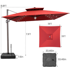 11x11 ft Square Aluminum Cantilever Patio Umbrella with LED Lights & Double Top (Base Options)