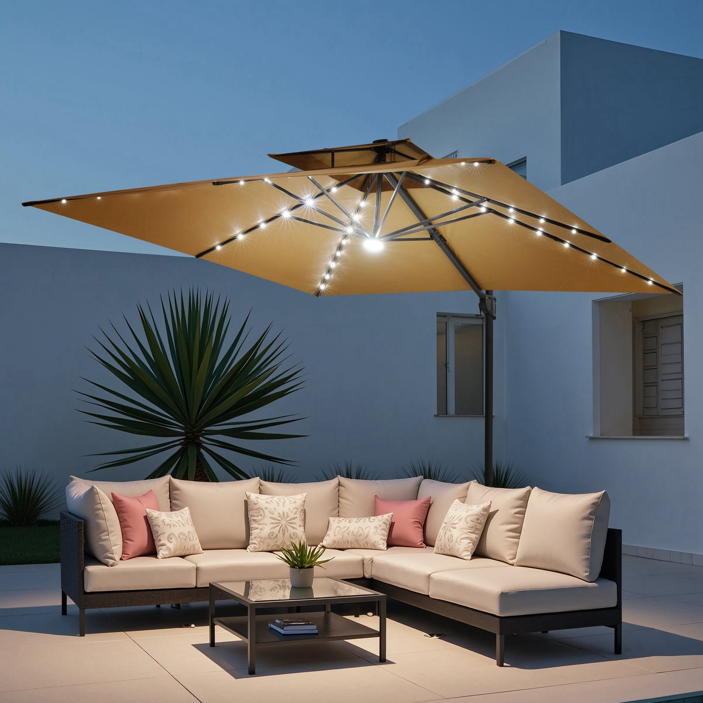 Crestlive Products 11 x 11 ft Aluminum Double Top Cantilever Patio Umbrella with LED Lights and Base Options