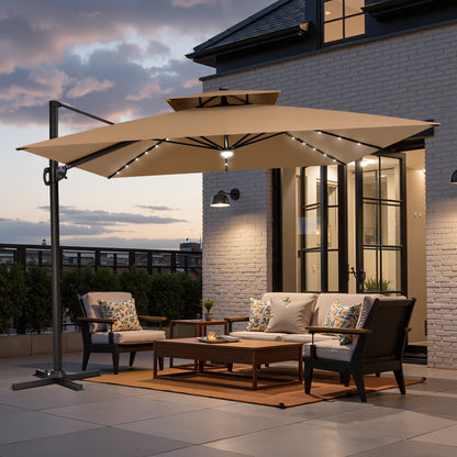 Crestlive Products 11 x 11 ft Aluminum Double Top Cantilever Patio Umbrella with LED Lights and Base Options