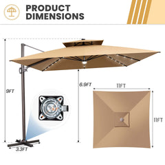 11x11 ft Square Aluminum Cantilever Patio Umbrella with LED Lights & Double Top (Base Options)