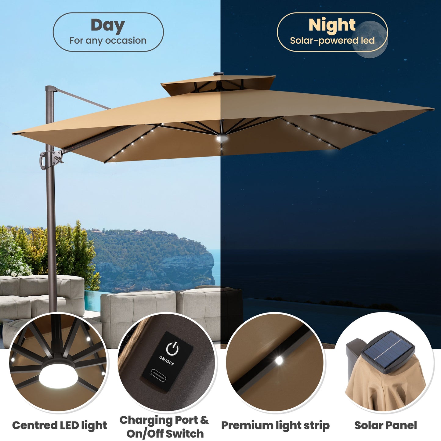 Crestlive Products 11 x 11 ft Aluminum Double Top Cantilever Patio Umbrella with LED Lights and Base Options