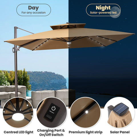 Crestlive Products 11 x 11 ft Aluminum Double Top Cantilever Patio Umbrella with LED Lights and Base Options