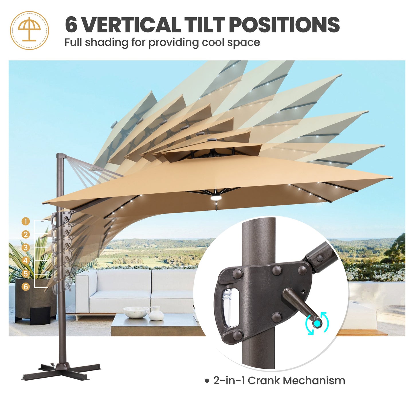 Crestlive Products 11 x 11 ft Aluminum Double Top Cantilever Patio Umbrella with LED Lights and Base Options