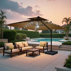 11x11 ft Square Aluminum Cantilever Patio Umbrella with LED Lights & Double Top (Base Options)