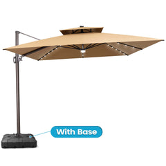 11x11 ft Square Aluminum Cantilever Patio Umbrella with LED Lights & Double Top (Base Options)