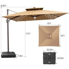11x11 ft Square Aluminum Cantilever Patio Umbrella with LED Lights & Double Top (Base Options)