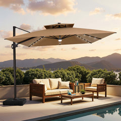 11x11 ft Square Aluminum Cantilever Patio Umbrella with LED Lights & Double Top (Base Options)