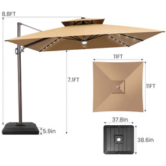 11x11 ft Square Aluminum Cantilever Patio Umbrella with LED Lights & Double Top (Base Options)