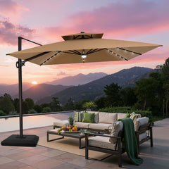 11x11 ft Square Aluminum Cantilever Patio Umbrella with LED Lights & Double Top (Base Options)
