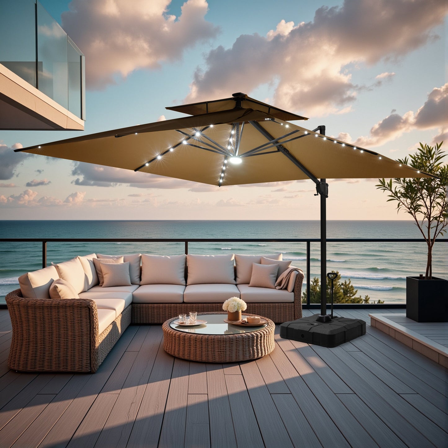 Crestlive Products 11x11ft Aluminum Double Top Crank Cantilever Patio Umbrella with Lights with Base