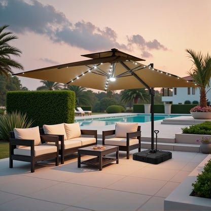Crestlive Products 11x11ft Aluminum Double Top Crank Cantilever Patio Umbrella with Lights with Base