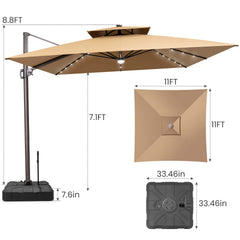 11x11 ft Square Aluminum Cantilever Patio Umbrella with LED Lights & Double Top (Base Options)