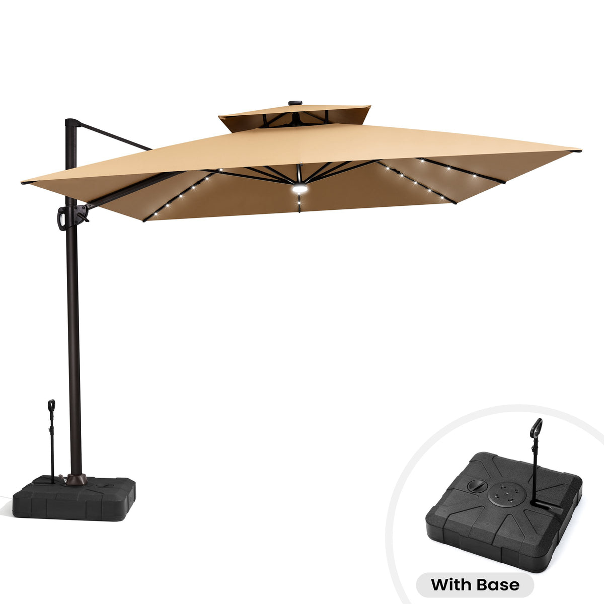 Crestlive Products Square Solar LED Cantilever Umbrella, 11FT, Includes 350lbs Umbrella base with Wheels, 360-degree Rotating