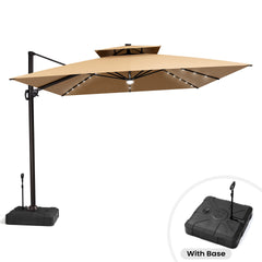 Crestlive Products Square Solar LED Cantilever Umbrella, 11FT, Includes 350lbs Umbrella base with Wheels, 360-degree Rotating