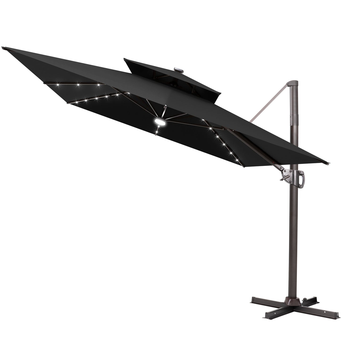Crestlive Products 11x9ft Aluminum Dual Top Crank Cantilever Patio Umbrella with LED Lights and Base Options