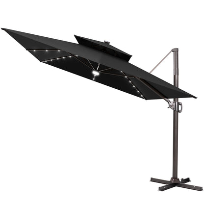 Crestlive Products 11x9ft Aluminum Dual Top Crank Cantilever Patio Umbrella with LED Lights and Base Options