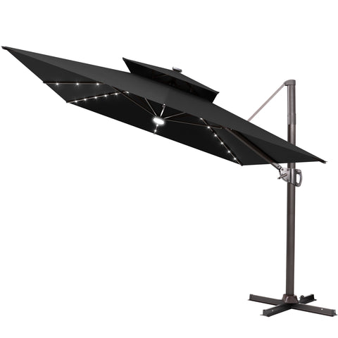 Crestlive Products 11x9ft Aluminum Dual Top Crank Cantilever Patio Umbrella with LED Lights and Base Options