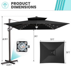 11x9 ft Aluminum Cantilever Patio Umbrella with LED Lights & Double Top (Base Options)