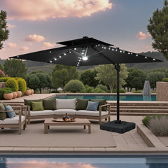 11x9 ft Aluminum Cantilever Patio Umbrella with LED Lights & Double Top (Base Options)
