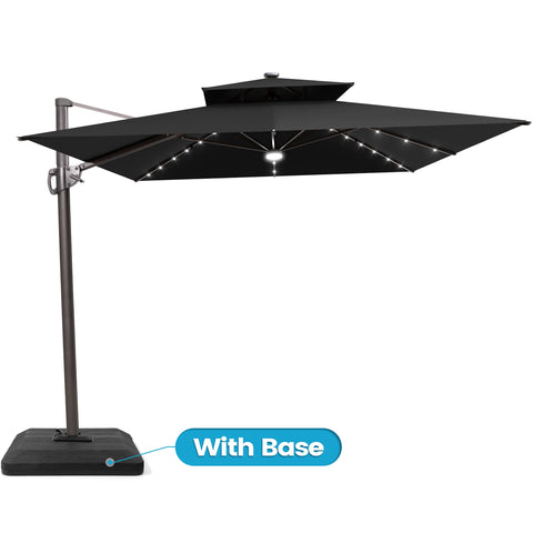 Crestlive Products 11x9ft Aluminum Dual Top Crank Cantilever Patio Umbrella with LED Lights and Base Options