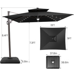 11x9 ft Aluminum Cantilever Patio Umbrella with LED Lights & Double Top (Base Options)