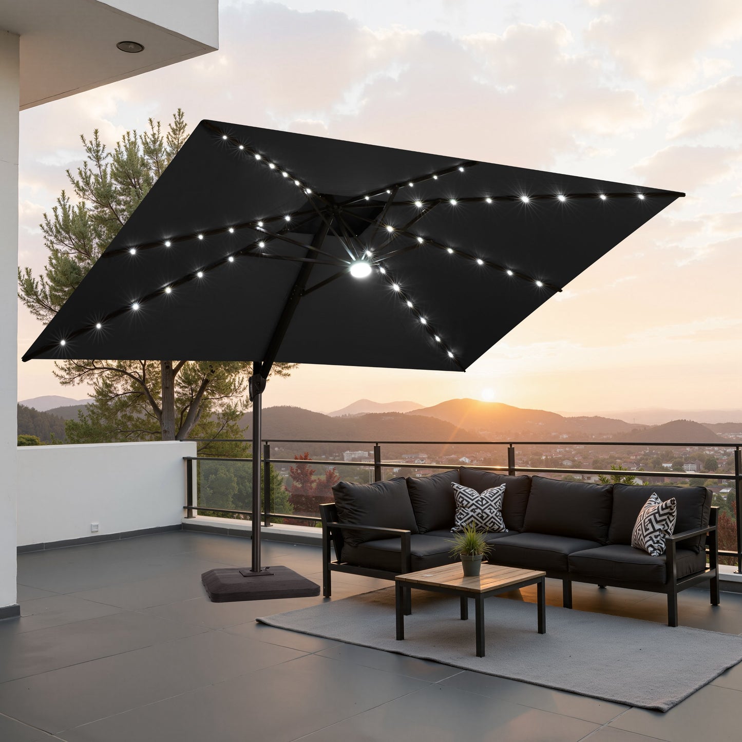 Crestlive Products 11x9ft Aluminum Dual Top Crank Cantilever Patio Umbrella with LED Lights and Base Options