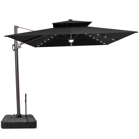 Crestlive Products 11x9ft Aluminum Dual Top Crank Cantilever Patio Umbrella with LED Lights and Base Options