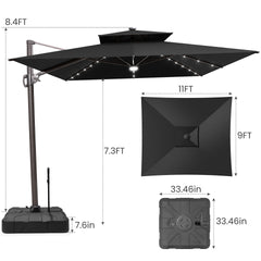 11x9 ft Aluminum Cantilever Patio Umbrella with LED Lights & Double Top (Base Options)