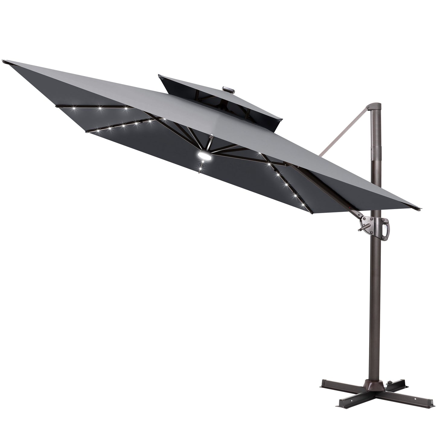 Crestlive Products 11x9ft Aluminum Dual Top Crank Cantilever Patio Umbrella with LED Lights and Base Options