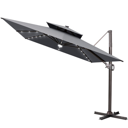 Crestlive Products 11x9ft Aluminum Dual Top Crank Cantilever Patio Umbrella with LED Lights and Base Options