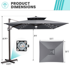 11x9 ft Aluminum Cantilever Patio Umbrella with LED Lights & Double Top (Base Options)