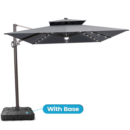 Crestlive Products 11x9ft Aluminum Dual Top Crank Cantilever Patio Umbrella with LED Lights and Base Options