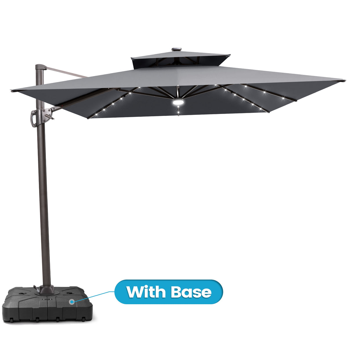Crestlive Products 11x9ft Aluminum Dual Top Crank Cantilever Patio Umbrella with LED Lights and Base Options