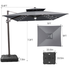 11x9 ft Aluminum Cantilever Patio Umbrella with LED Lights & Double Top (Base Options)