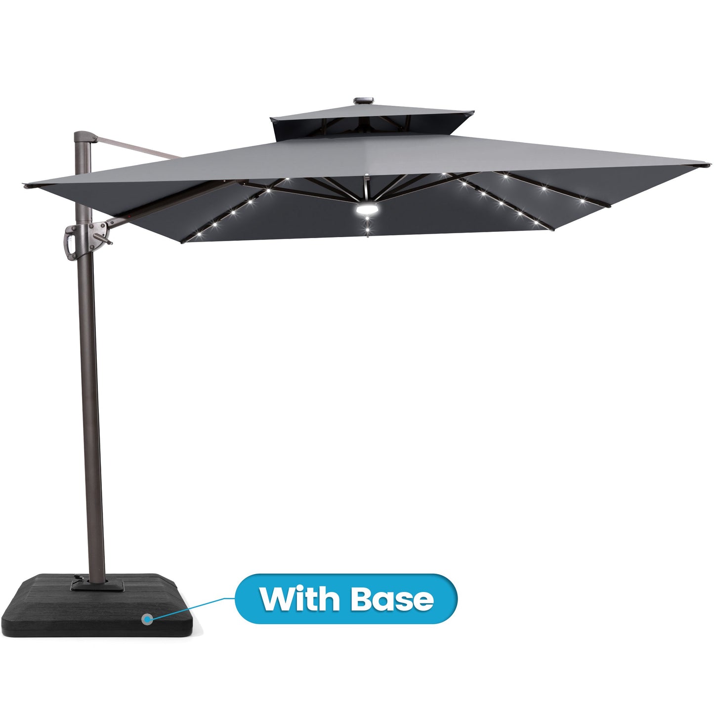 Crestlive Products 11x9ft Aluminum Dual Top Crank Cantilever Patio Umbrella with LED Lights and Base Options