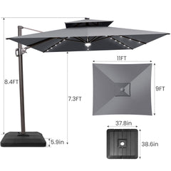 11x9 ft Aluminum Cantilever Patio Umbrella with LED Lights & Double Top (Base Options)