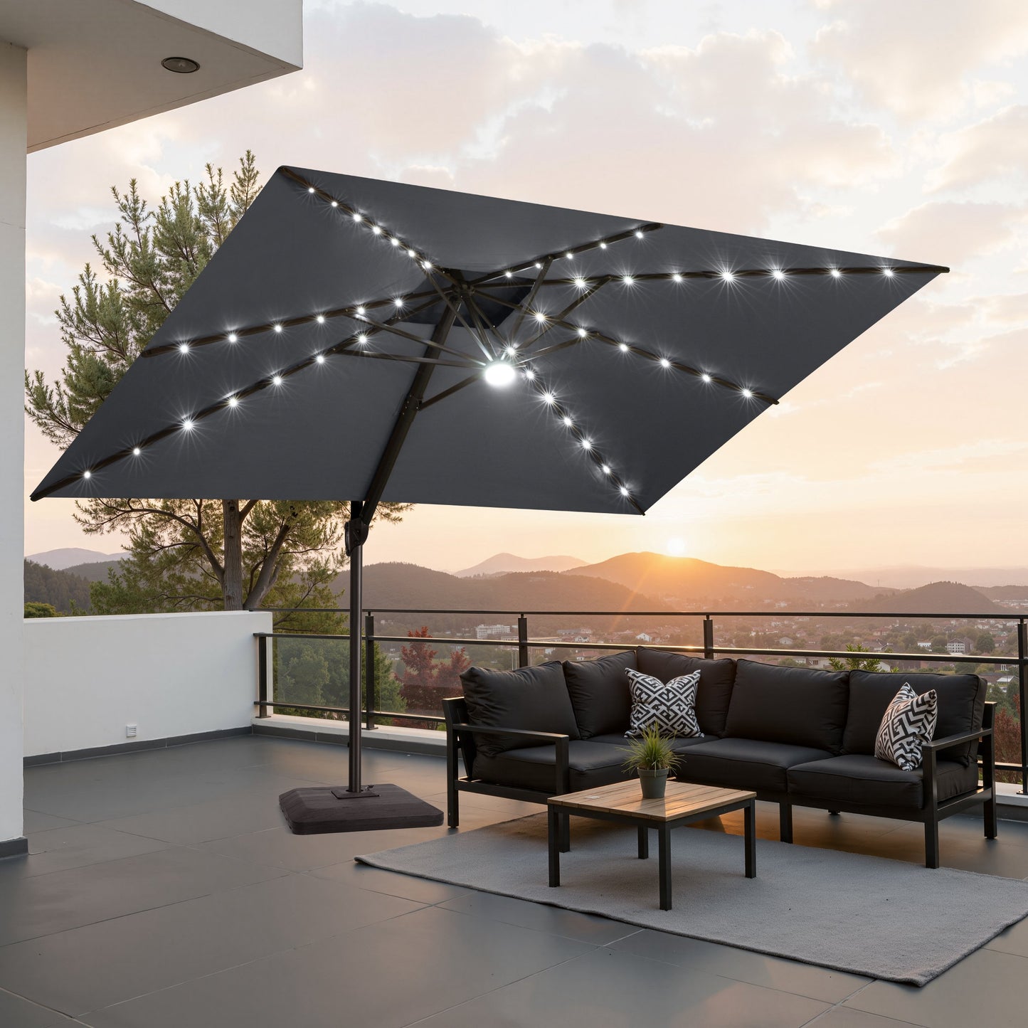 Crestlive Products 11x9ft Aluminum Dual Top Crank Cantilever Patio Umbrella with LED Lights and Base Options