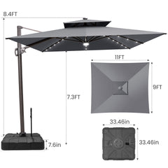 11x9 ft Aluminum Cantilever Patio Umbrella with LED Lights & Double Top (Base Options)