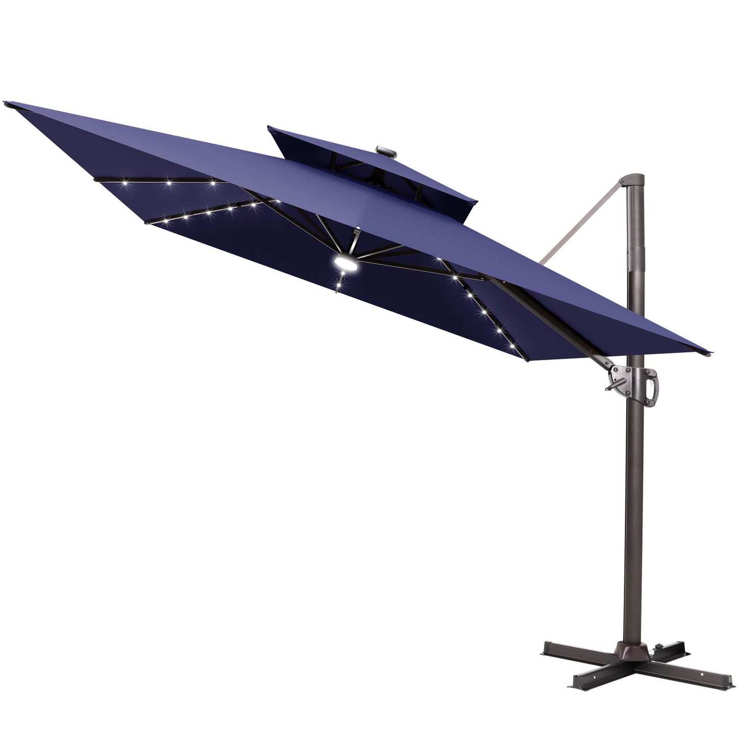 Crestlive Products 11x9ft Aluminum Dual Top Crank Cantilever Patio Umbrella with LED Lights and Base Options