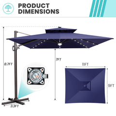 11x9 ft Aluminum Cantilever Patio Umbrella with LED Lights & Double Top (Base Options)