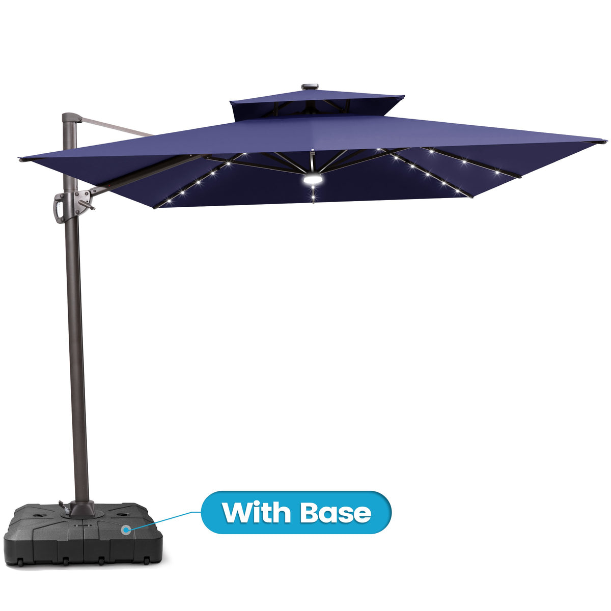 Crestlive Products 9x11ft Rectangular Solar LED Cantilever Umbrella with Base, Windproof Double Top, 350lbs, 360-degree Rotating