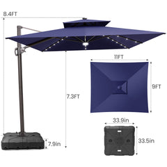 11x9 ft Aluminum Cantilever Patio Umbrella with LED Lights & Double Top (Base Options)
