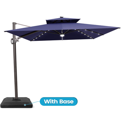 Crestlive Products 11x9ft Aluminum Dual Top Crank Cantilever Patio Umbrella with LED Lights and Base Options