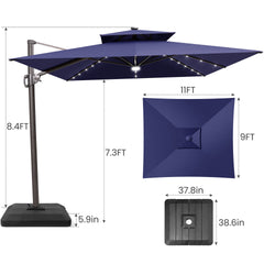 11x9 ft Aluminum Cantilever Patio Umbrella with LED Lights & Double Top (Base Options)