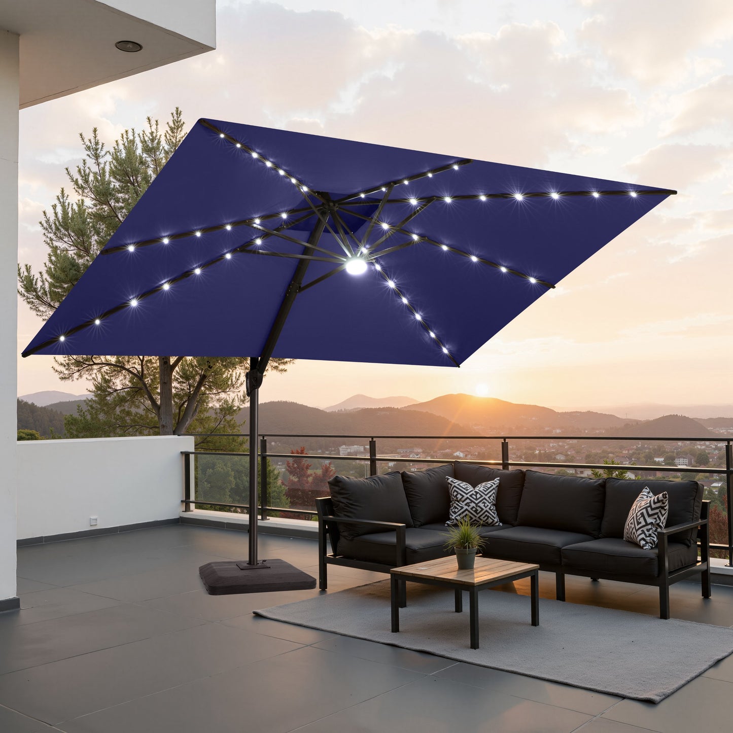 Crestlive Products 11x9ft Aluminum Dual Top Crank Cantilever Patio Umbrella with LED Lights and Base Options