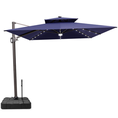 Crestlive Products 11x9ft Aluminum Dual Top Crank Cantilever Patio Umbrella with LED Lights and Base Options